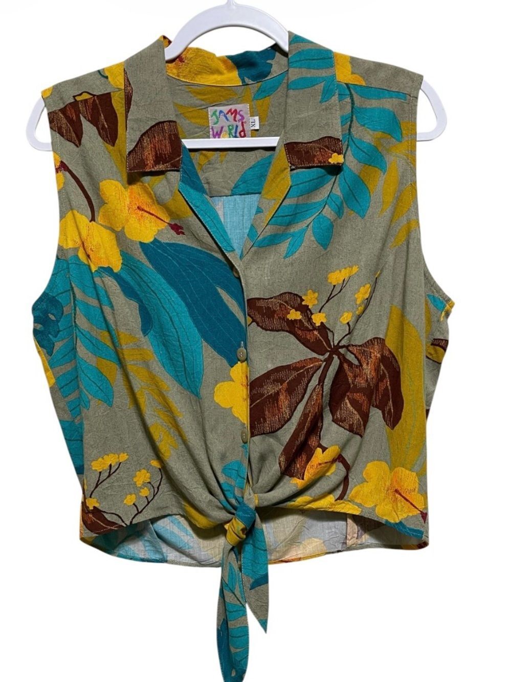 Vintage Jams World Hawaiian Tie Front Top Sleeveless Floral Colorful USA Size XL